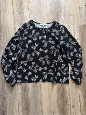 LOFT Black Blouse with Cream Bow Pattern